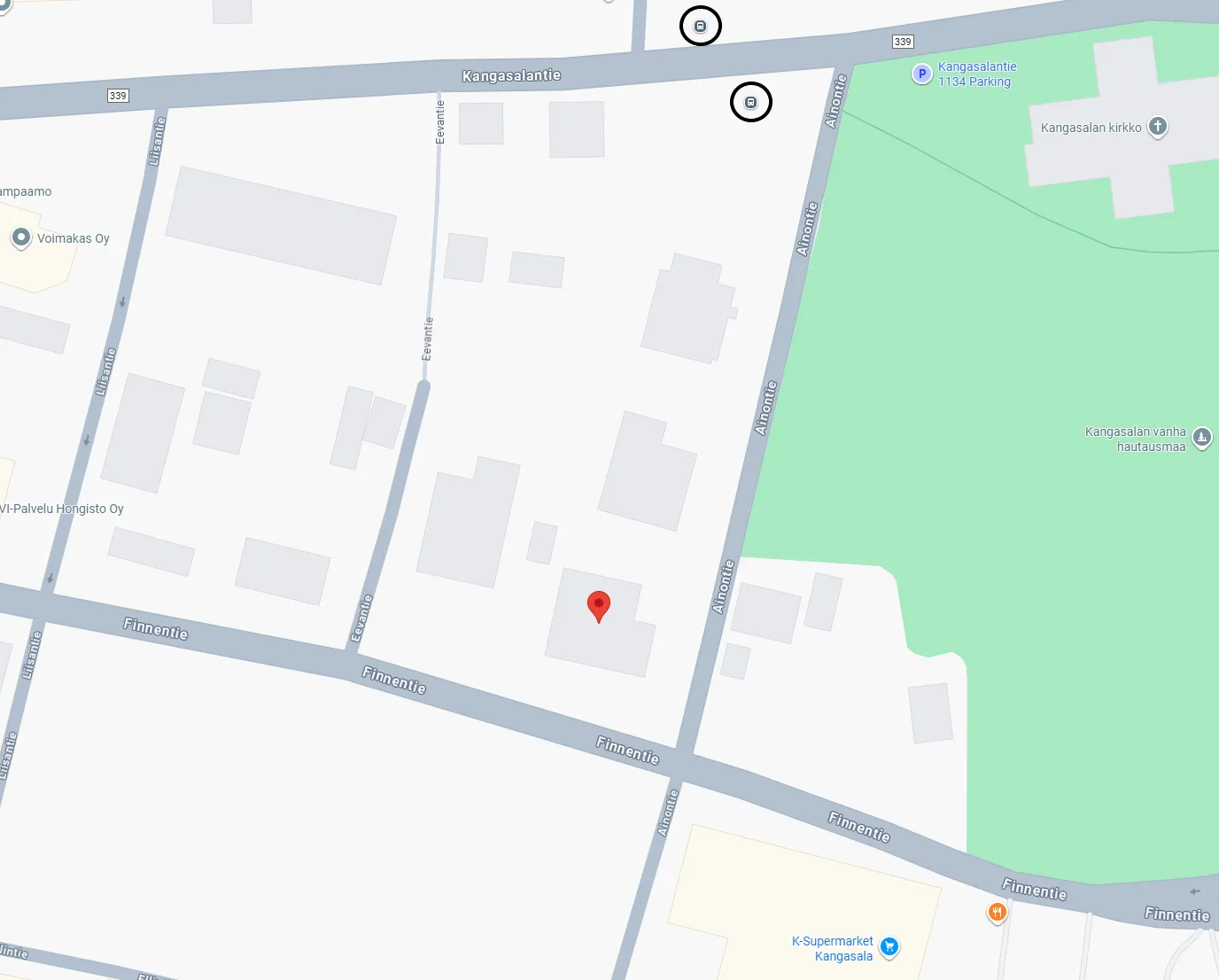Toimitilan sijainti sekä lähimmät bussipysäkit Kangasalantien varressa.